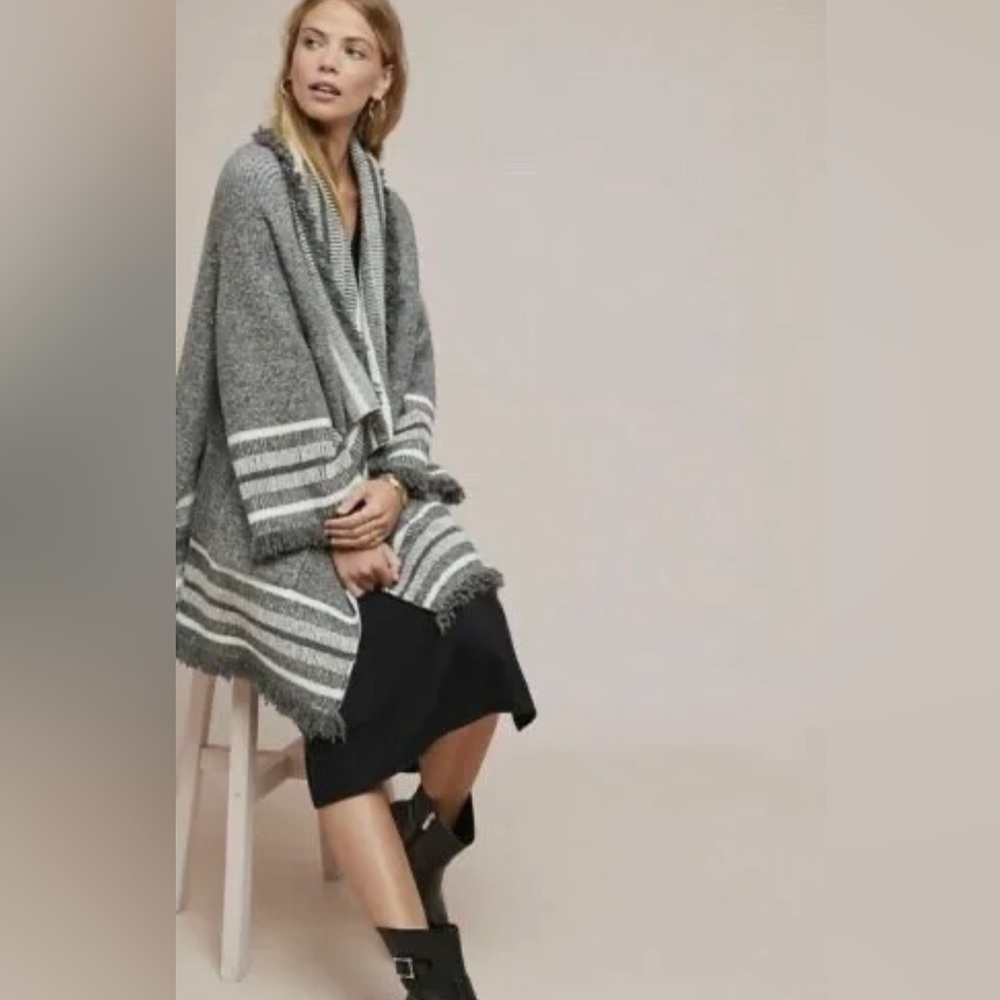 Saturday Sunday Anthropologie Gray Stripe Portland Collar Kimono Cardigan Fringe